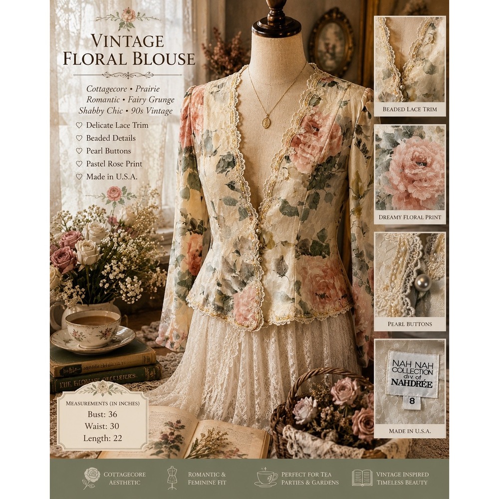 Vintage Floral Cottagecore Lace Trim Blouse Romantic Prairie Fairy Grunge